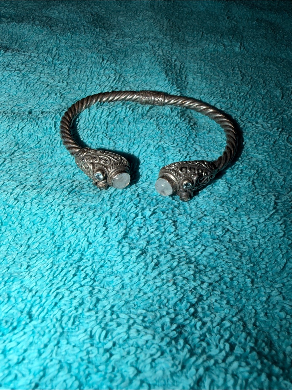 Ornate Twisted Metal Cuff Bracelet with Stone Accents - Teal/Silver